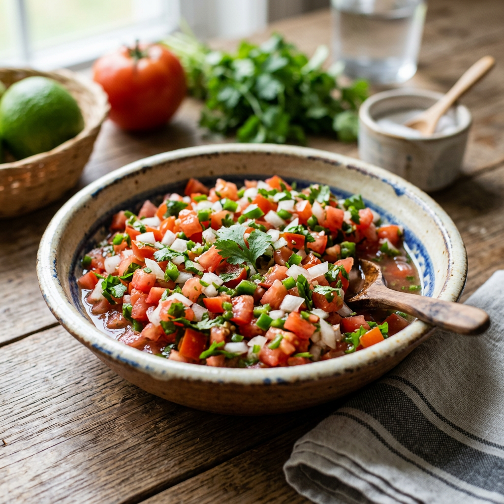 Bowl of pico de gallo salsa with diced tomatoes, onions, jalapeños, and cilantro